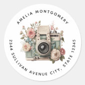 Sticker Rond Camera with Flowers Retro Pastel Image - Address (Devant)