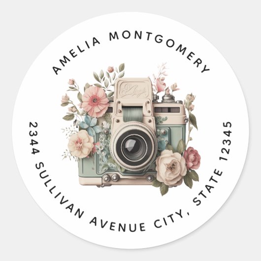 Sticker Rond Camera with Flowers Retro Pastel Image - Address (Devant)