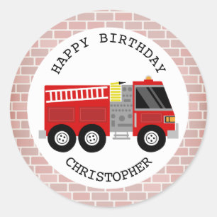 Sticker Rond Camion à feu + briques Stick de fête d'anniversair
