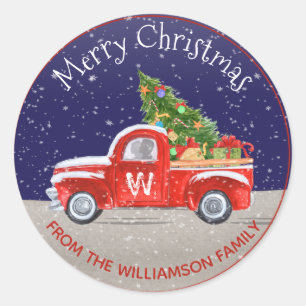 Sticker Rond Camion de Noël Rouge Monogramme avec neige la nuit