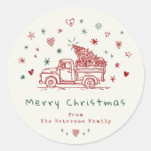 Sticker Rond Camion de Noël Whimsical Retro Rouge et Vert (Devant)