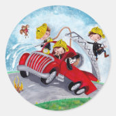 Sticker Rond Camion de pompiers rouge avec de mignons pompiers (Devant)