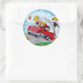 Sticker Rond Camion de pompiers rouge avec de mignons pompiers (Sac)