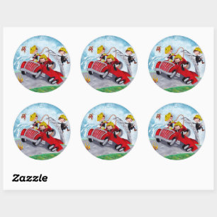 Sticker Rond Camion de pompiers rouge avec de mignons pompiers 
