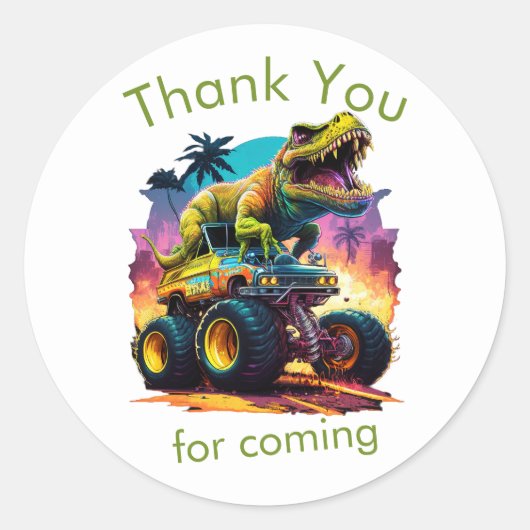 Sticker Rond Camion Dino T-Rex Monster, Merci (Devant)