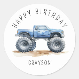 Sticker Rond Camion Monster bleu personnalisé cadeau d'annivers