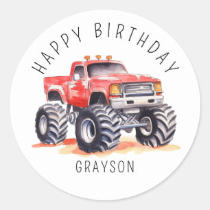 Sticker Rond Camion Monster Rouge personnalisé cadeau d'anniver