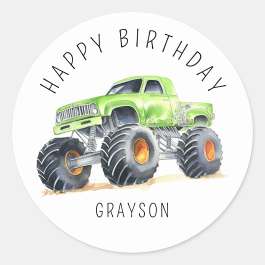 Sticker Rond Camion Monster Vert Personnalisé Cadeau Anniversai (Devant)
