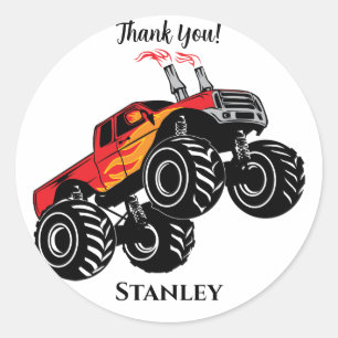 Sticker Rond Camion Monstre Nom Rouge Noir Mignon Merci