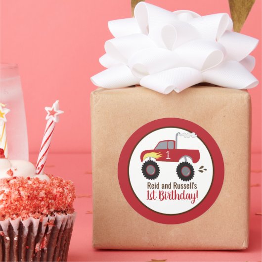 Sticker Rond Camion Red Monster Anniversaire Favoriser (Fête)