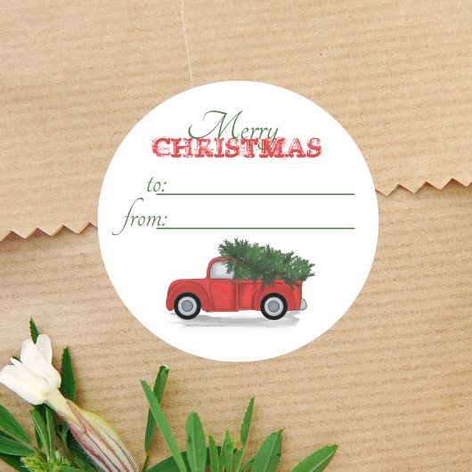 Sticker Rond Camion Rouge Arbre Rustique De Noël À De Mignonne