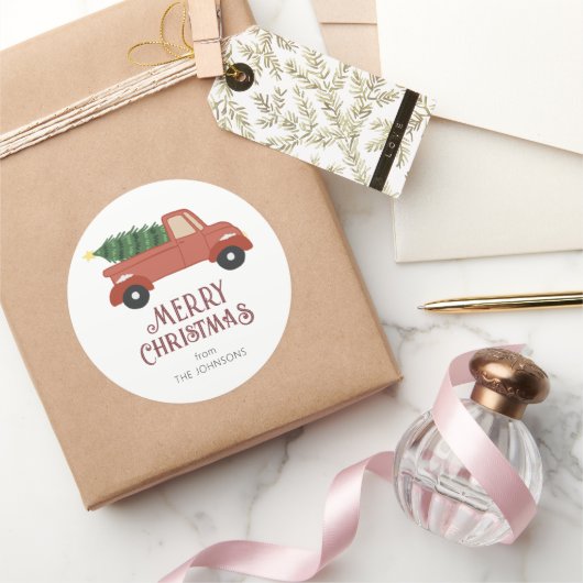 Sticker Rond Camion rouge avec sapin de Noël (Cadeaux)