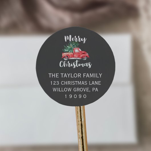 Sticker Rond Camion rouge et arbre | Adresse de retour de Noël 