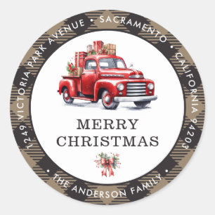 Sticker Rond Camion rouge Plaid Christmas Retours Adresse Étiqu