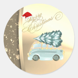 Sticker Rond Camion Vert Sapin Noël Faux Or