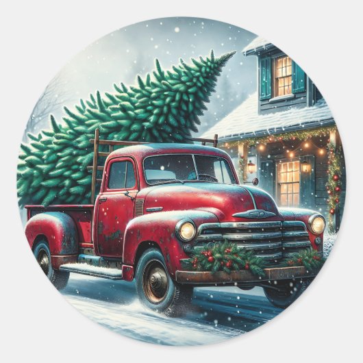 Sticker Rond Camion vintage avec sapin de Noël (Devant)