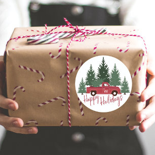 Sticker Rond Camion Vintage rouge arbre de Noël à la ferme