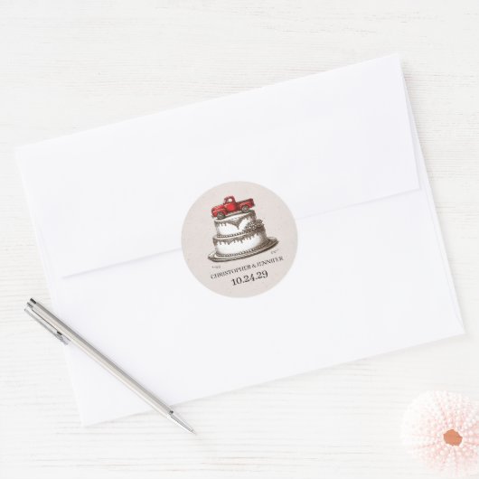 Sticker Rond Camionnette Rouge Vintage (Enveloppe)