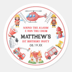 Sticker Rond Camions de pompiers Garçon 1er Anniversaire Peti