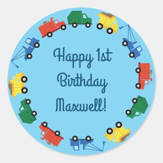 Sticker Rond Camions Voitures Cute 1er Anniversaire Thème de fê (Devant)