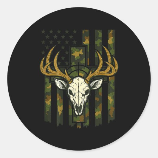 Sticker Rond Camo American Flag Elk Skull Deer Hunting Youth Bo (Devant)