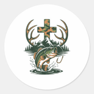 Sticker Rond Camo Jeunesse Foi Chasse Pêche Croix Pêcheur C