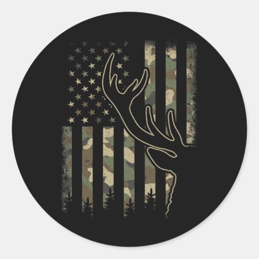 Sticker Rond Camo Us Drapeau Elk Buck Camouflage Deer Chasse Ch (Devant)