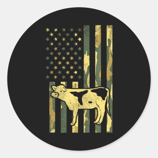 Sticker Rond Camo US Drapeau Vache Militaire Ferme Animal Patri (Devant)