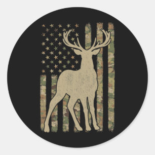 Sticker Rond Camouflage Drapeau Américain Chasseur de Deer Chas