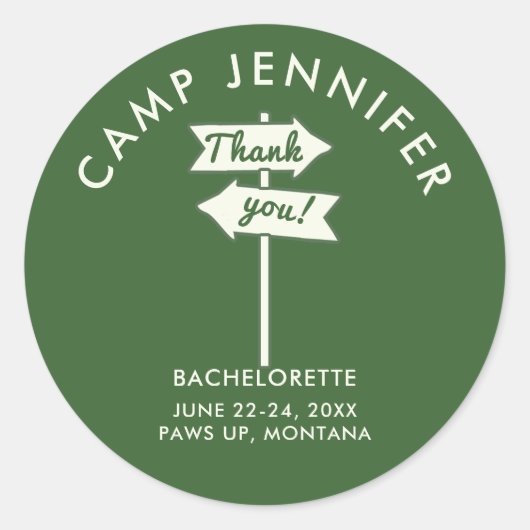 Sticker Rond Camp Bachelorette Party Forest Green Merci (Devant)