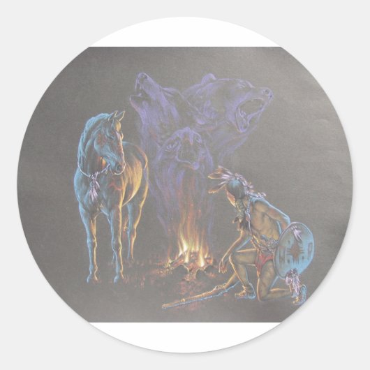 Sticker Rond Camp Fire Amérindien Guerrier (Devant)