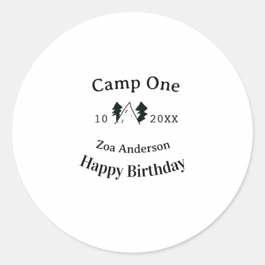 Sticker Rond Camp one happy birthday name date campingadventure (Devant)