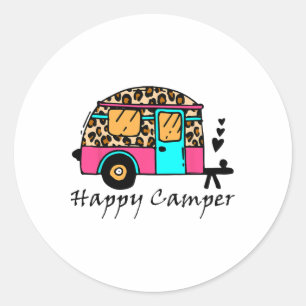 Sticker Rond Camper Happy Camp d'été Camping Léopard Drôle Gla