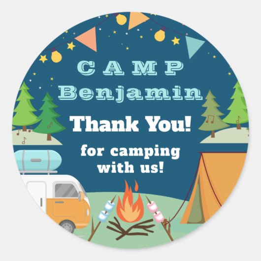 Sticker Rond Camping Anniversaire Camp Merci de fête (Devant)