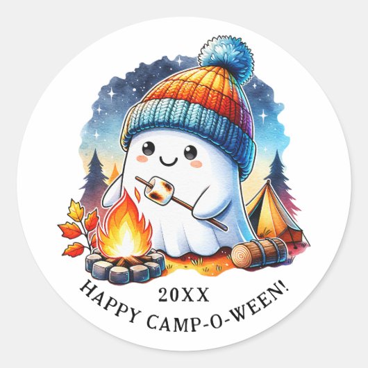 Sticker Rond Camping Ghost Cute Halloween Happy Camp-o-ween (Devant)