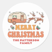 Sticker Rond Camping Joyeux renne de Noël Nom personnalisé (Devant)