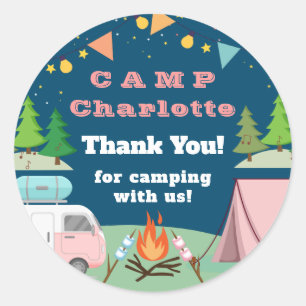 Sticker Rond Camping rose Anniversaire Merci de fête