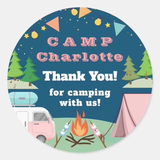 Sticker Rond Camping rose Anniversaire Merci de fête (Devant)