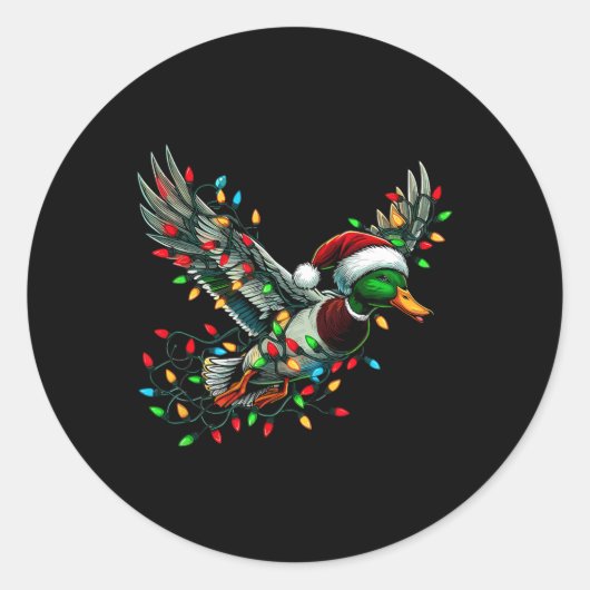 Sticker Rond Canard Père Noël Volant Avec Lumières De Noël Chas (Devant)