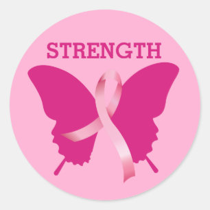 Sticker Rond Cancer du sein Papillon rose Ruban Force