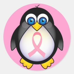 Sticker Rond Cancer du sein Pink Ribbon Penguin cadeau