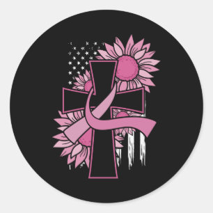 Sticker Rond Cancer du sein Tournesol rose Ruban Croix Foi