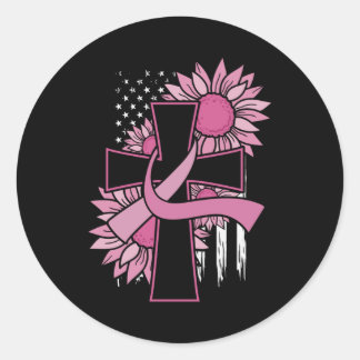 Sticker Rond Cancer du sein Tournesol rose Ruban Croix Foi