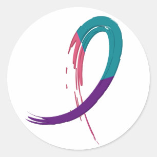 Sticker Rond Cancer Du Thyroïde Turquoise, Violet Et Rose Ruban