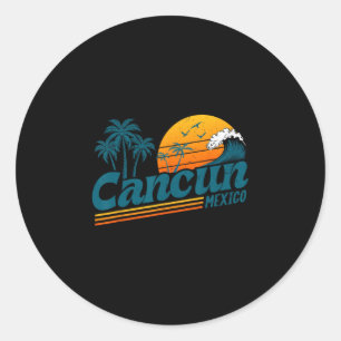 Sticker Rond Cancun Mexique Retro Coucher de soleil Palmier Pla