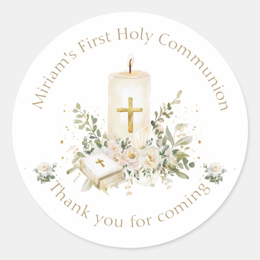 Sticker Rond Candle Cross Bible Roses First Holy Communion (Devant)