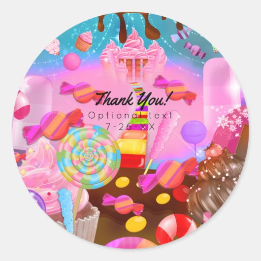 Sticker Rond Candy Land Party Imaginaire Candy Cupcakes Favoris (Devant)