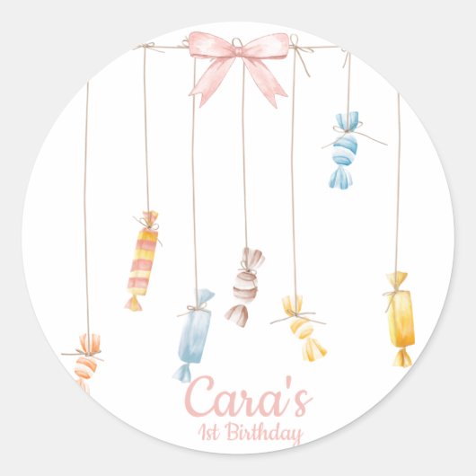 Sticker Rond Candy land rose Premier anniversaire Fête Invitati (Devant)