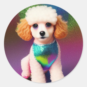 Sticker Rond Caniche blanc avec oreilles crème sur étincelle ar