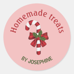 Sticker Rond Canne à Sucre avec un Nœud sur Fond Rose - Friandi